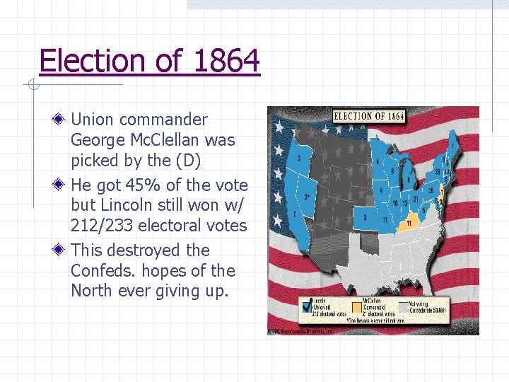 Election of 1864 Union commander George Mc. Clellan was picked by the (D) He