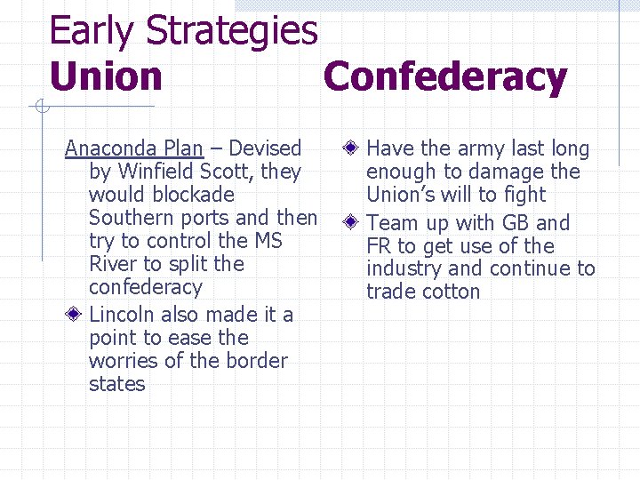 Early Strategies Union Confederacy Anaconda Plan – Devised by Winfield Scott, they would blockade