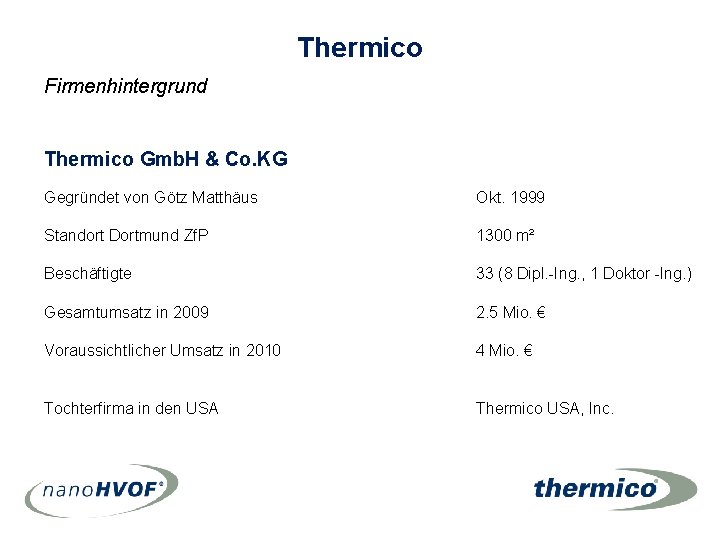 Thermico Firmenhintergrund Thermico Gmb. H & Co. KG Gegründet von Götz Matthäus Okt. 1999 Thermico Firmenhintergrund Thermico Gmb. H & Co. KG Gegründet von Götz Matthäus Okt. 1999