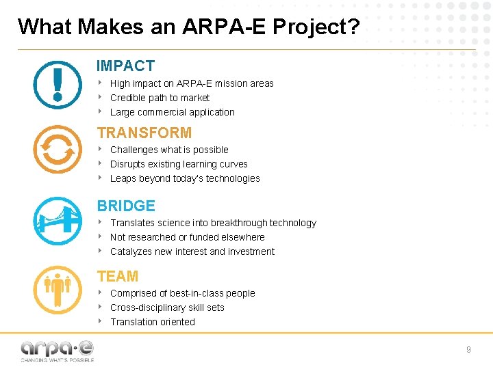 What Makes an ARPA-E Project? IMPACT ‣ ‣ ‣ High impact on ARPA-E mission