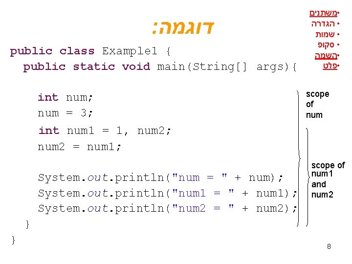 : דוגמה public class Example 1 { public static void main(String[] args){ int num;