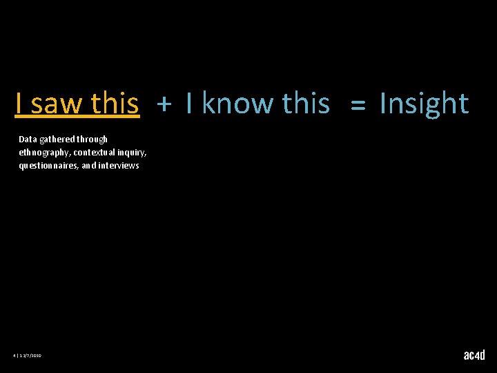 I saw this + I know this = Insight Data gathered through ethnography, contextual