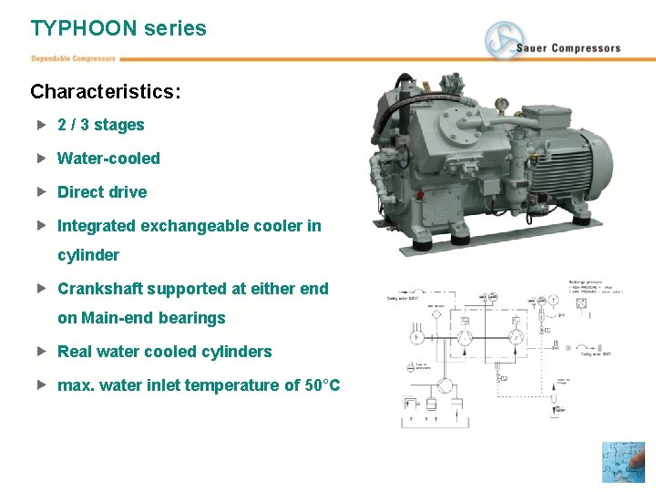 TYPHOON series Characteristics: 2 / 3 stages Water-cooled Direct drive Integrated exchangeable cooler in