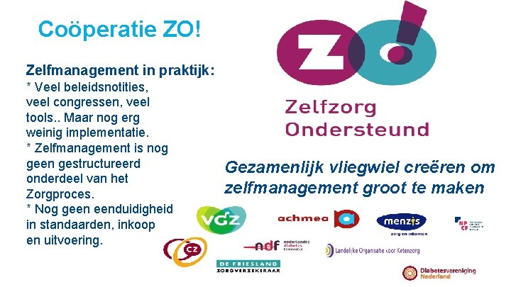 Coöperatie ZO! Zelfmanagement in praktijk: * Veel beleidsnotities, veel congressen, veel tools. . Maar