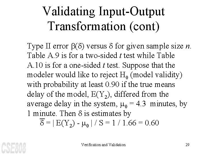 Validating Input-Output Transformation (cont) Type II error b(d) versus d for given sample size