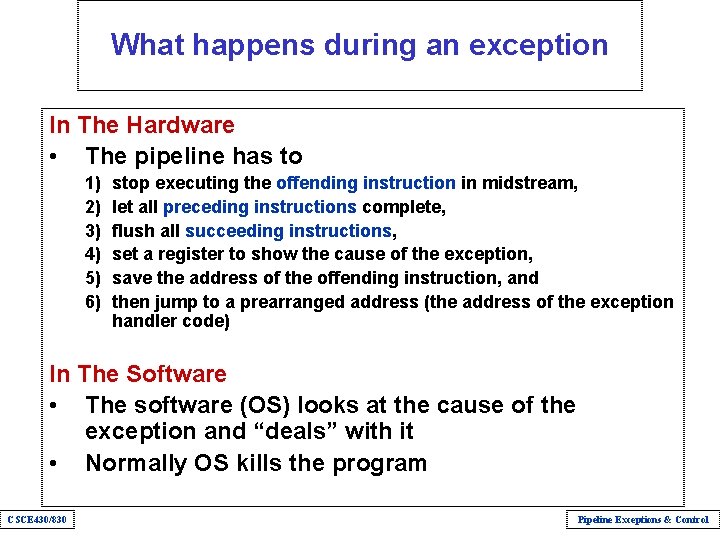 What happens during an exception In The Hardware • The pipeline has to 1)