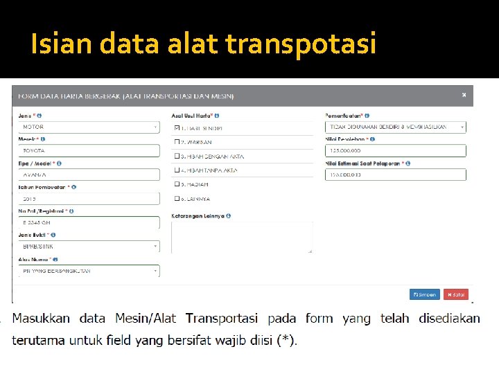 Isian data alat transpotasi 