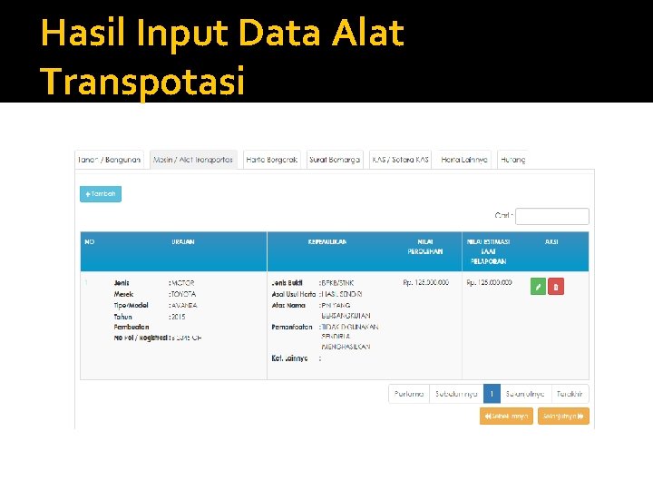 Hasil Input Data Alat Transpotasi 