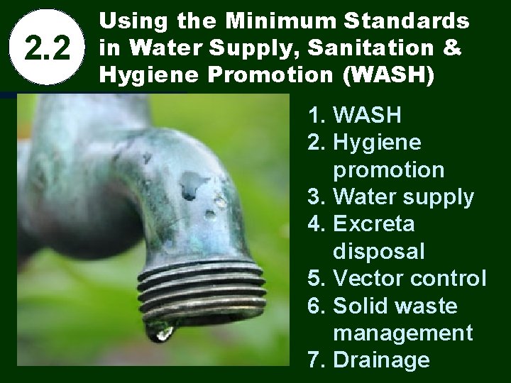 2. 2 Using the Minimum Standards in Water Supply, Sanitation & Hygiene Promotion (WASH)