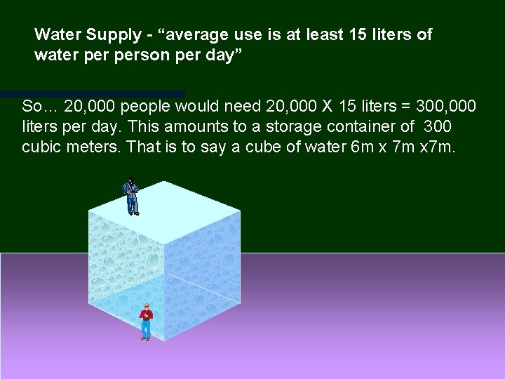 Water Supply - “average use is at least 15 liters of water person per