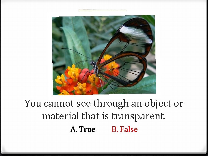 You cannot see through an object or material that is transparent. A. True B.