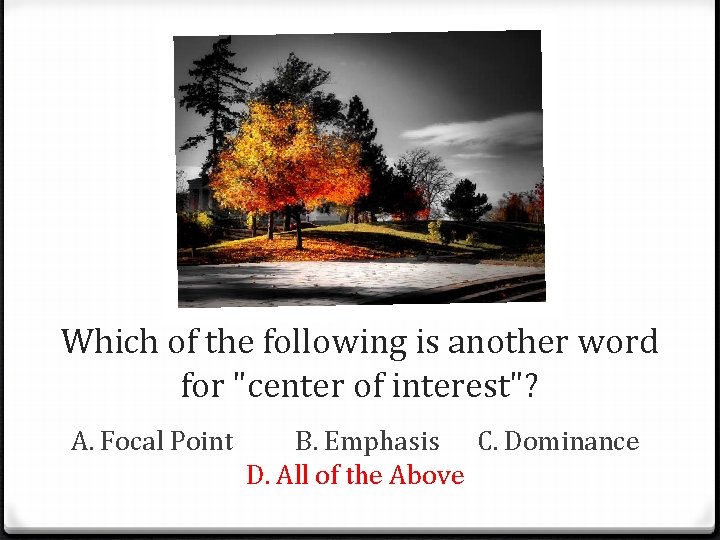 Which of the following is another word for "center of interest"? A. Focal Point