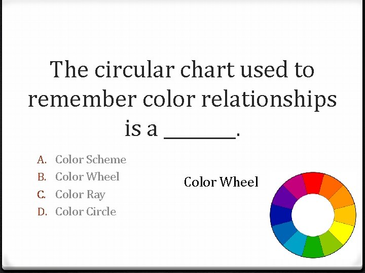 The circular chart used to remember color relationships is a ____. A. B. C.