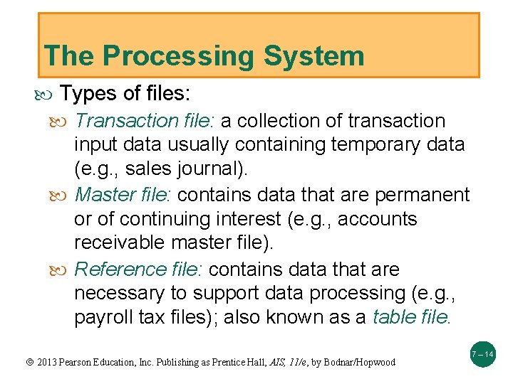 The Processing System Types of files: Transaction file: a collection of transaction input data