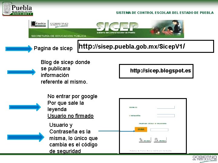 SISTEMA DE CONTROL ESCOLAR DEL ESTADO DE PUEBLA Pagina de sicep http: //sisep. puebla.