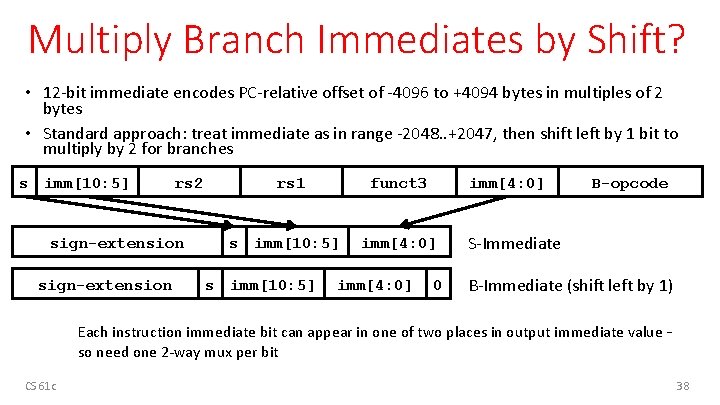 Multiply Branch Immediates by Shift? • 12 -bit immediate encodes PC-relative offset of -4096 Multiply Branch Immediates by Shift? • 12 -bit immediate encodes PC-relative offset of -4096
