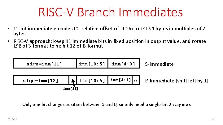 RISC-V Branch Immediates • 12 -bit immediate encodes PC-relative offset of -4096 to +4094 RISC-V Branch Immediates • 12 -bit immediate encodes PC-relative offset of -4096 to +4094