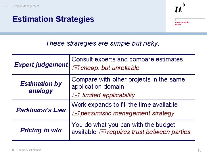 ESE — Project Management Estimation Strategies These strategies are simple but risky: Consult experts