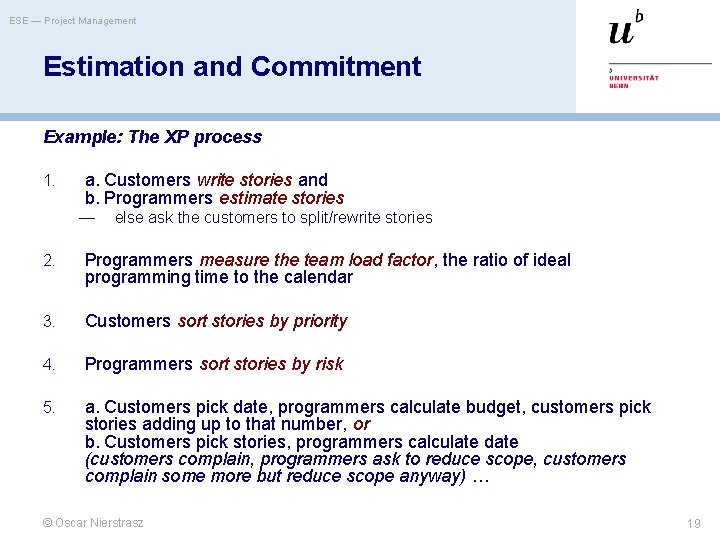 ESE — Project Management Estimation and Commitment Example: The XP process 1. a. Customers ESE — Project Management Estimation and Commitment Example: The XP process 1. a. Customers