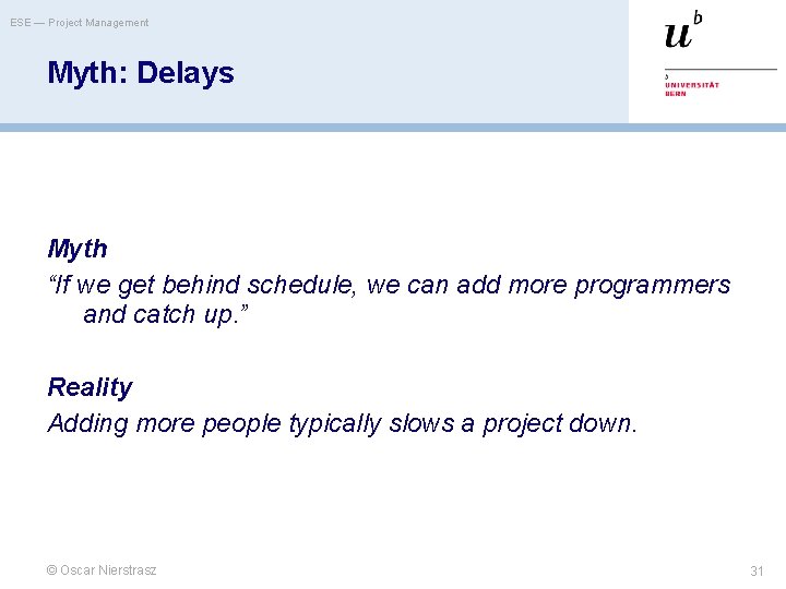 ESE — Project Management Myth: Delays Myth “If we get behind schedule, we can