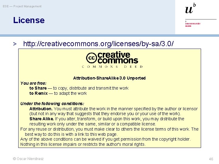 ESE — Project Management License > http: //creativecommons. org/licenses/by-sa/3. 0/ Attribution-Share. Alike 3. 0