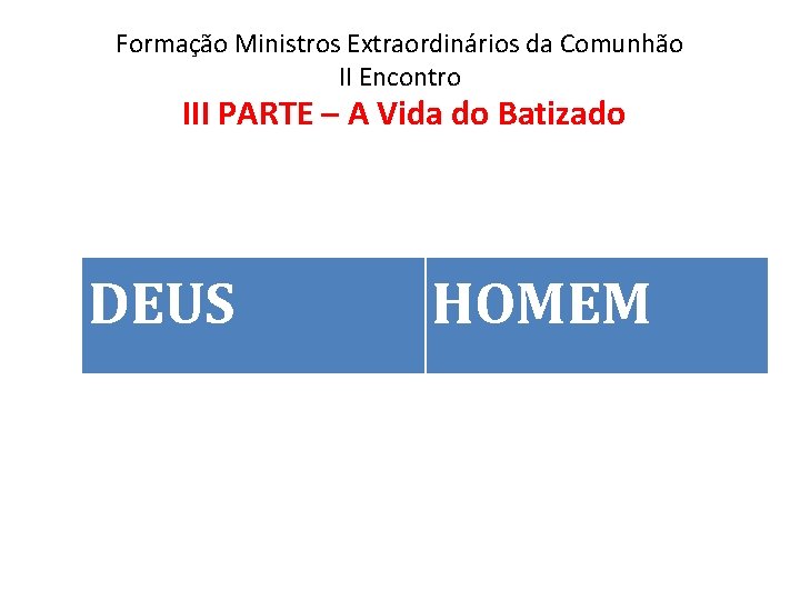 Formação Ministros Extraordinários da Comunhão II Encontro III PARTE – A Vida do Batizado