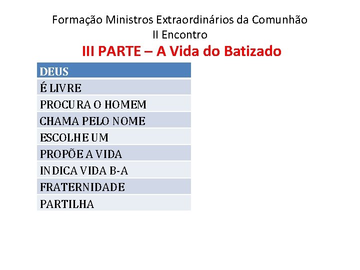 Formação Ministros Extraordinários da Comunhão II Encontro III PARTE – A Vida do Batizado