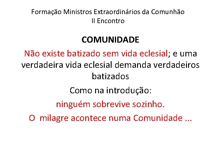 Formação Ministros Extraordinários da Comunhão II Encontro COMUNIDADE Não existe batizado sem vida eclesial;