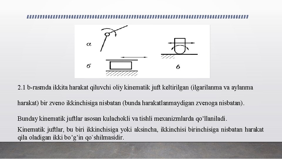 2. 1 b-rasmda ikkita harakat qiluvchi oliy kinematik juft keltirilgan (ilgarilanma va aylanma harakat)