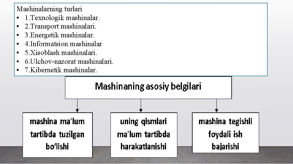 Mashinalarning turlari • 1. Tеxnologik mashinalar. • 2. Transport mashinalari. • 3. Enеrgеtik mashinalar.