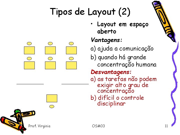 Tipos de Layout (2) • Layout em espaço aberto Vantagens: a) ajuda a comunicação