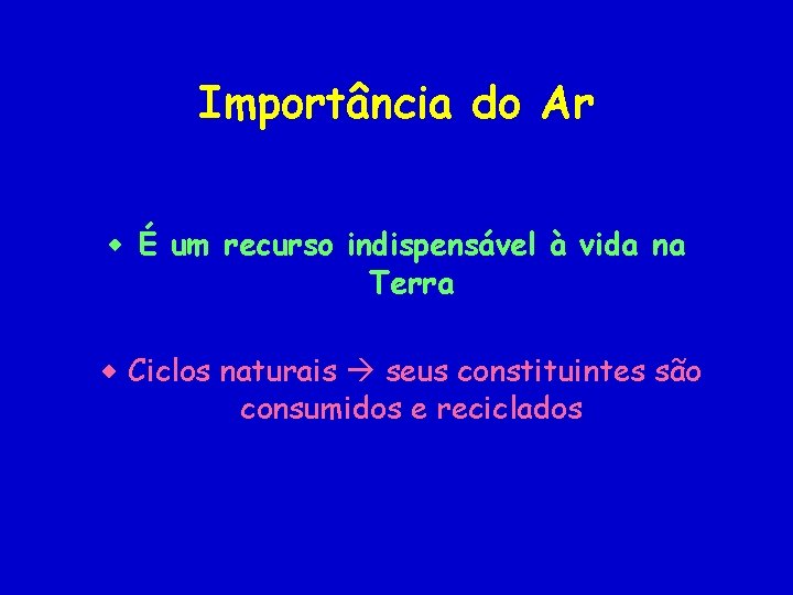 Importância do Ar É um recurso indispensável à vida na Terra Ciclos naturais seus