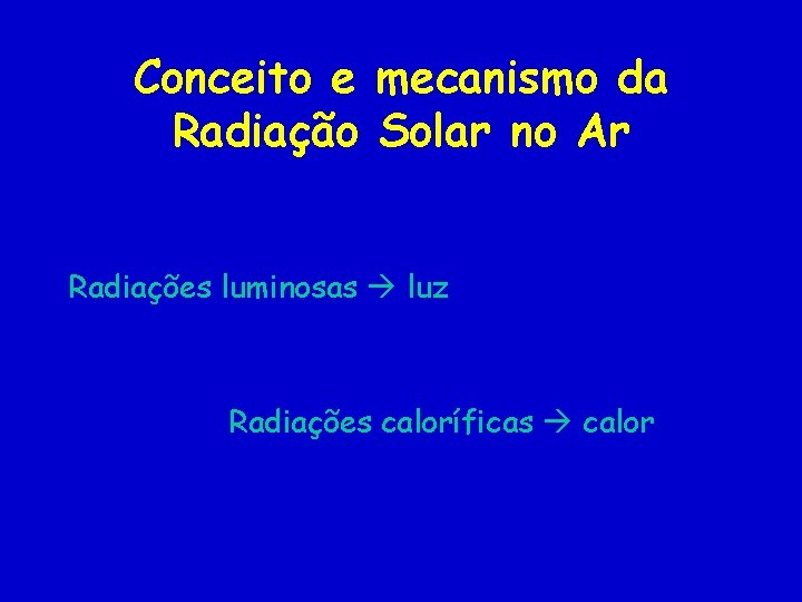 Conceito e mecanismo da Radiação Solar no Ar Radiações luminosas luz Radiações caloríficas calor