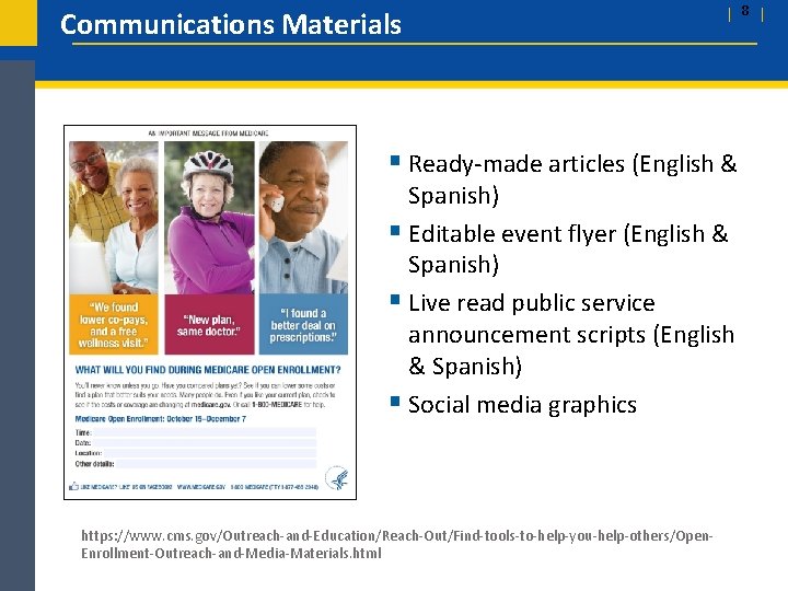 Communications Materials § Ready-made articles (English & Spanish) § Editable event flyer (English &