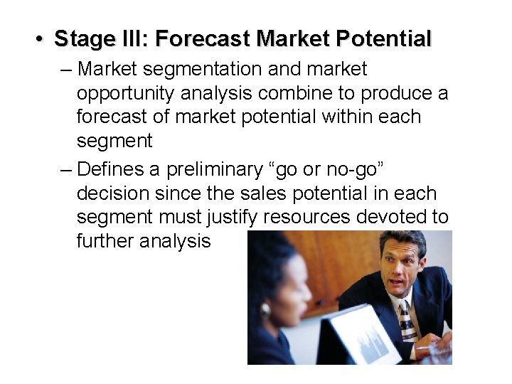  • Stage III: Forecast Market Potential – Market segmentation and market opportunity analysis