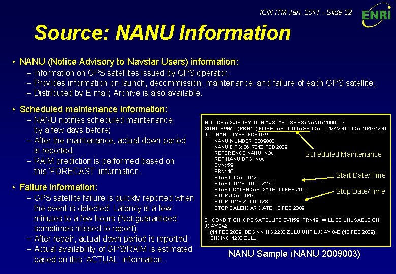 ION ITM Jan. 2011 - Slide 32 Source: NANU Information • NANU (Notice Advisory