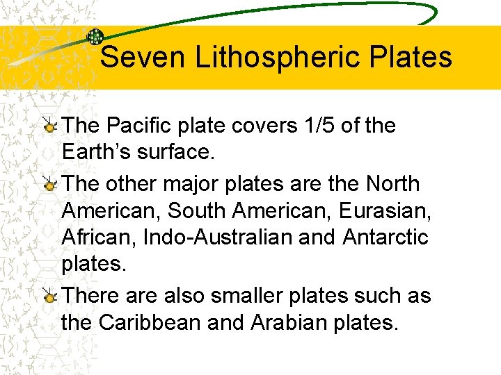 Seven Lithospheric Plates The Pacific plate covers 1/5 of the Earth’s surface. The other