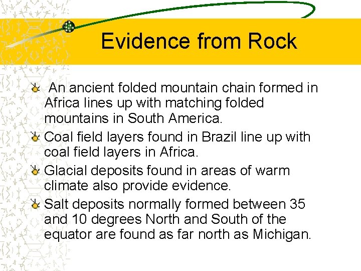 Evidence from Rock An ancient folded mountain chain formed in Africa lines up with