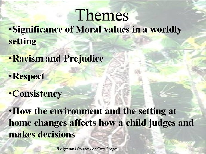 Themes • Significance of Moral values in a worldly setting • Racism and Prejudice