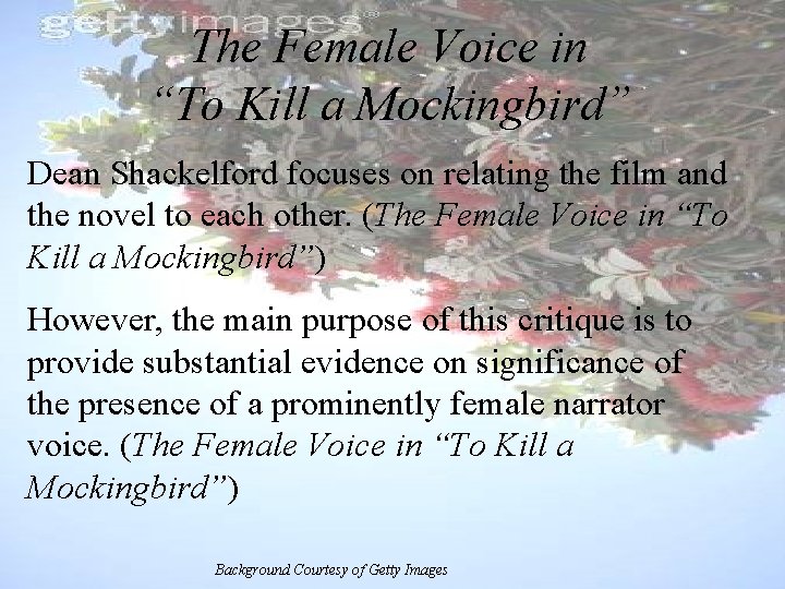 The Female Voice in “To Kill a Mockingbird” Dean Shackelford focuses on relating the