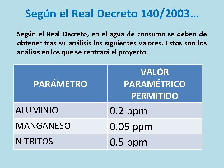 Según el Real Decreto 140/2003… Según el Real Decreto, en el agua de consumo