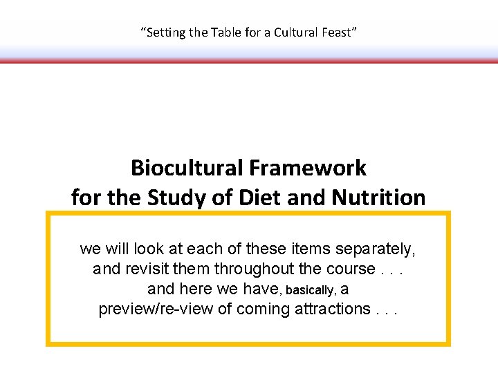 “Setting the Table for a Cultural Feast” Biocultural Framework for the Study of Diet