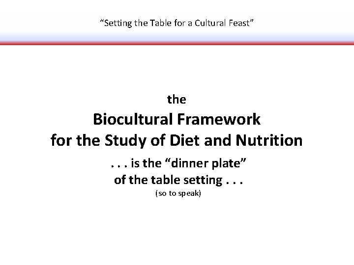 “Setting the Table for a Cultural Feast” the Biocultural Framework for the Study of