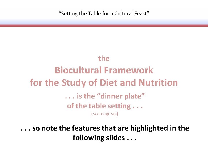 “Setting the Table for a Cultural Feast” the Biocultural Framework for the Study of