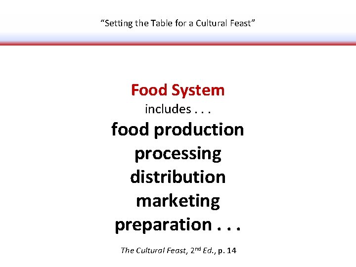 “Setting the Table for a Cultural Feast” Food System includes. . . food production