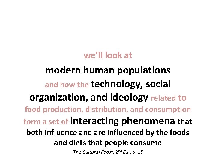 we’ll look at modern human populations and how the technology, social organization, and ideology