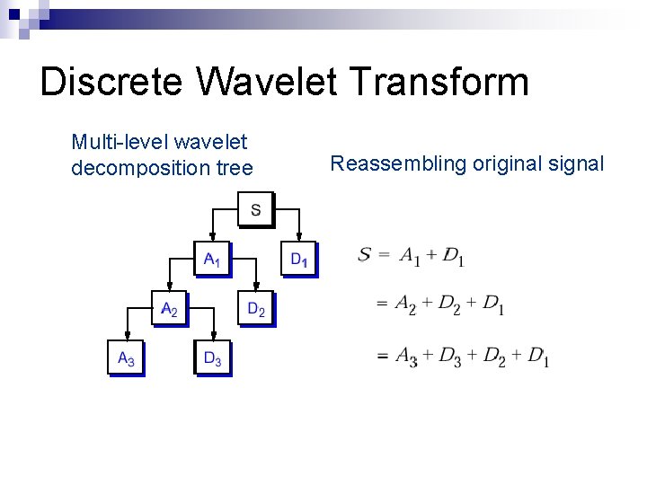 Discrete Wavelet Transform Multi-level wavelet decomposition tree Reassembling original signal 