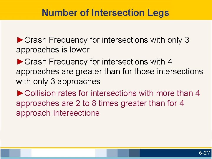Number of Intersection Legs ►Crash Frequency for intersections with only 3 approaches is lower