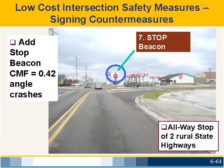 Low Cost Intersection Safety Measures – Signing Countermeasures q Add Stop Beacon CMF =