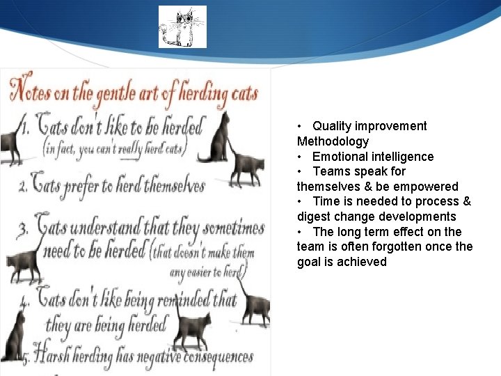 • Quality improvement Methodology • Emotional intelligence • Teams speak for themselves & • Quality improvement Methodology • Emotional intelligence • Teams speak for themselves &